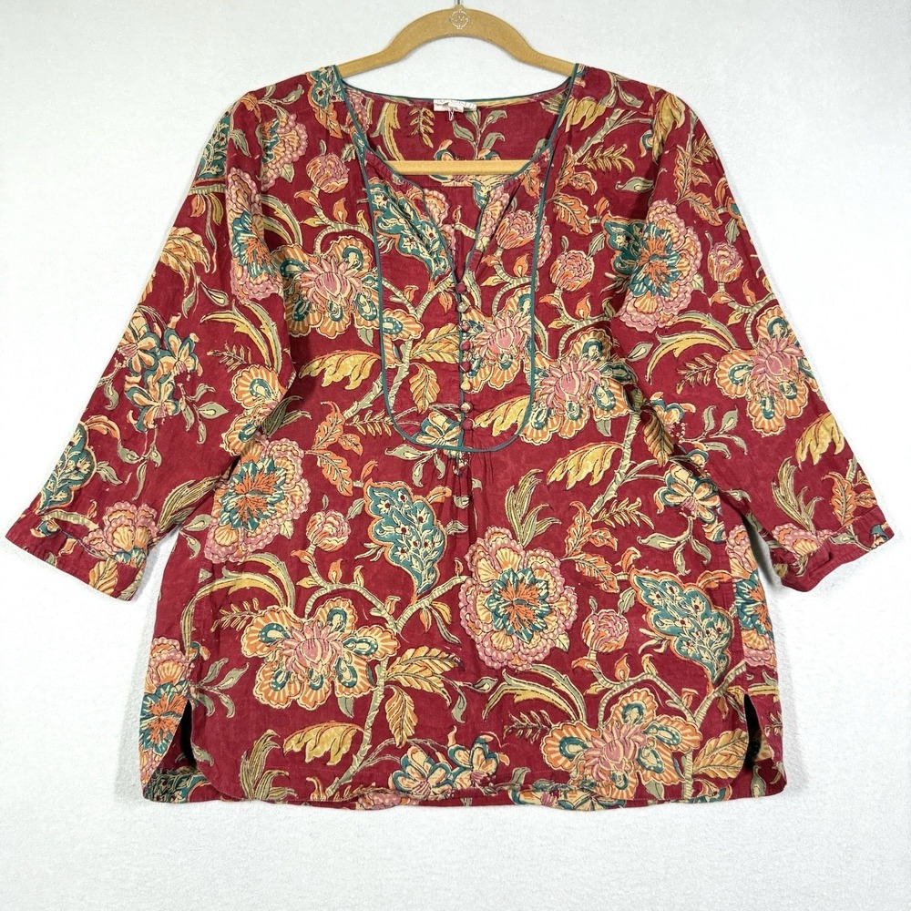 Anokhi Top‎ Womens Small Floral Popover Blouse Bohemian Botanical Lightweight